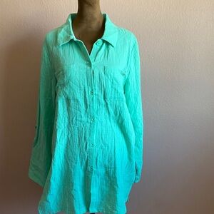 Nicole Miller 100% Cotton Aqua Button-Up Top